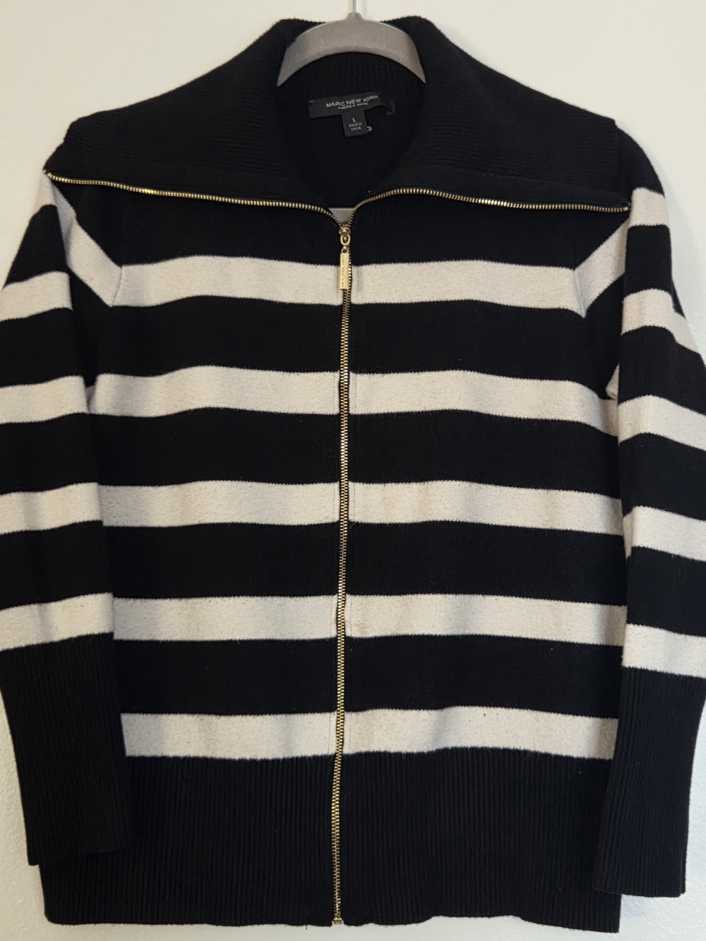 Marc New York Women's Black and White Striped Zip-Up Cardigan